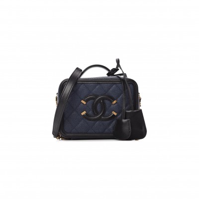 CHANEL CAVIAR QUILTED SMALL CC FILIGREE VANITY CASE NAVY BLACK (16*12*7cm) 